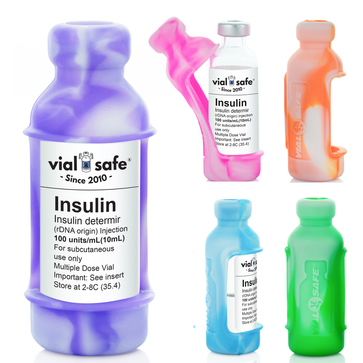 A collection of Vial Safe Tie Dye insulin vial protector cases in various colors including green, pink, purple, blue, and orange, designed to fit Lantus, Apidra or Admelog 10mL vials.