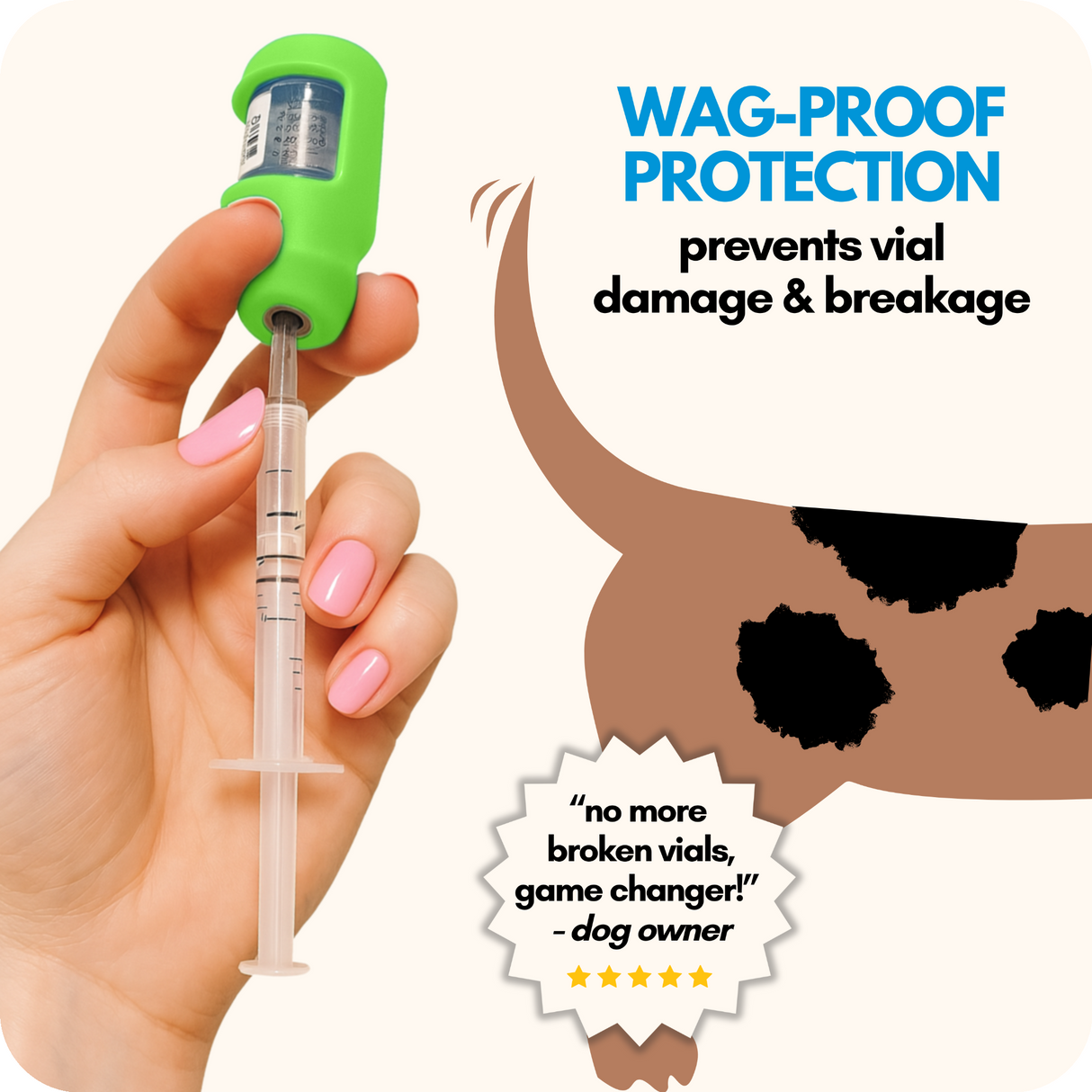 Light Green Vial Safe for Pets. Hand holding an insulin vial protector case with a green cap, next to a cartoon dog tail, on a white background.