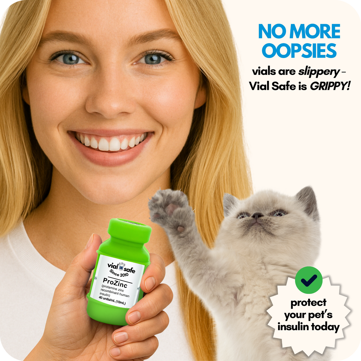 Woman holding a green Vial Safe for Pets Insulin Vial protector with a cat looking up, promoting Vial Safe.