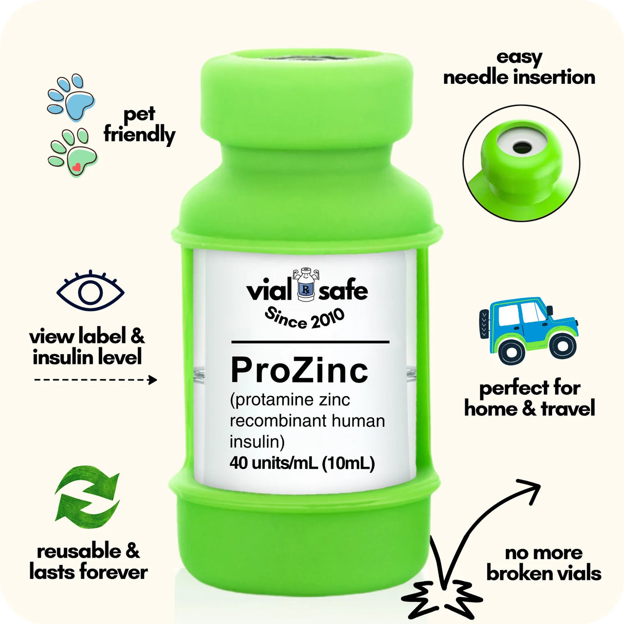 Light green color Vial Safe for Pets insulin vial protector with 'vial safe' label and Vial Safe selling features on white background.