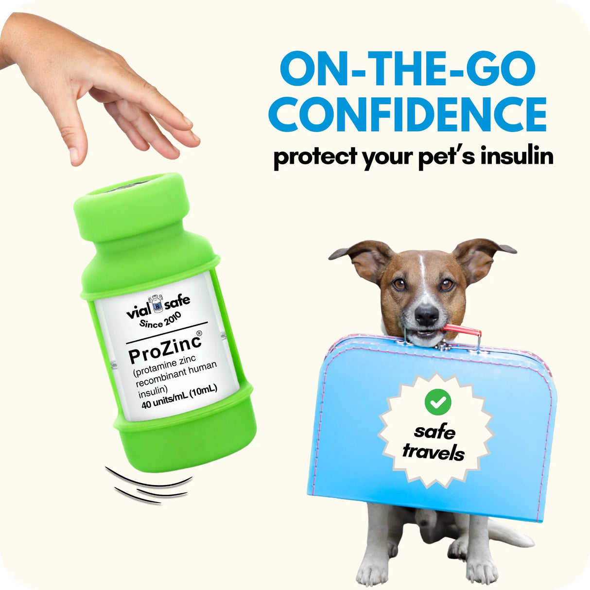 Light Green Vial Safe for Pets insulin vial bottle with a dog in a suitcase, promoting 'On-the-Go Confidence' for pet insulin safety. Great for Travel.