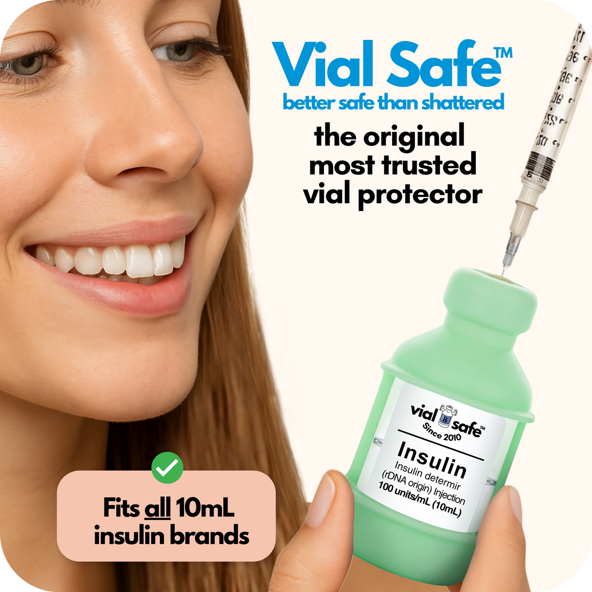 Mojito Green color style Vial Safe insulin vial protector with a woman holding it, labeled 'better safe than shattered'. The original most trusted vial protector.