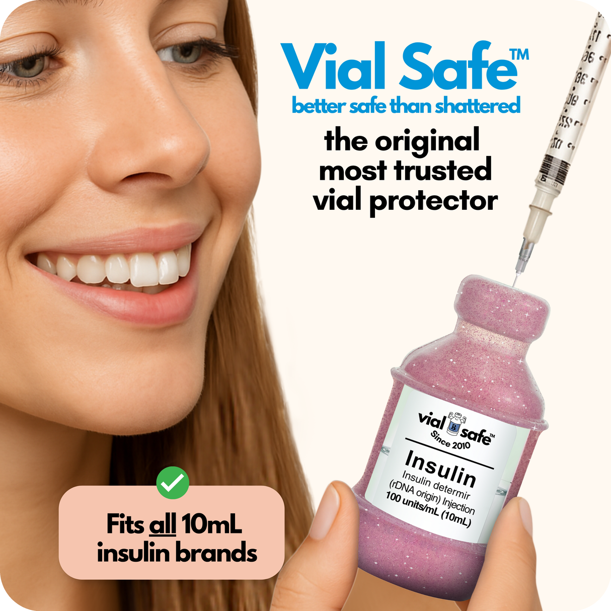 Pink glitter Vial Safe insulin vial protector with a woman holding it, labeled 'better safe than shattered'. The original most trusted vial protector.