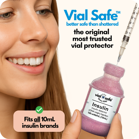 Pink glitter Vial Safe insulin vial protector with a woman holding it, labeled 'better safe than shattered'.  The original most trusted vial protector.