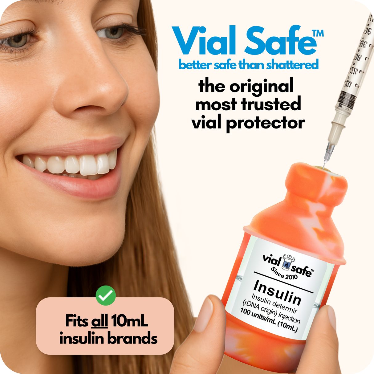 Tie Dye Orange color style Vial Safe insulin vial protector with a woman holding it, labeled 'better safe than shattered'. The original most trusted vial protector.