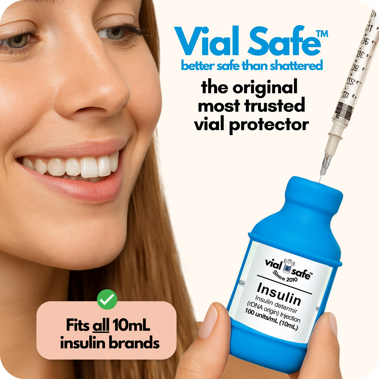 Light blue color style Vial Safe insulin vial protector with a woman holding it, labeled 'better safe than shattered'. The original most trusted vial protector.