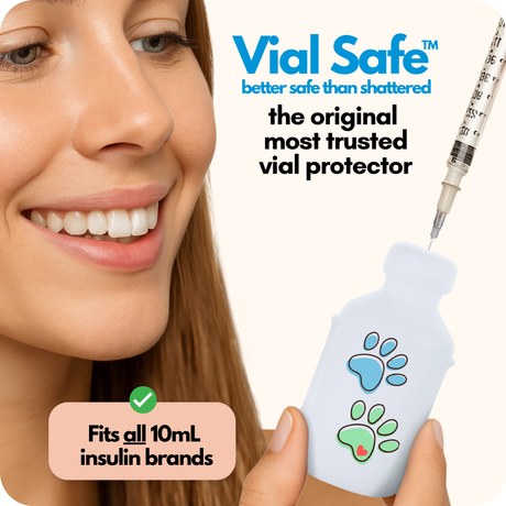 Paw Print style  Vial Safe insulin vial protector with a woman holding it, labeled 'better safe than shattered'.  The original most trusted vial protector.