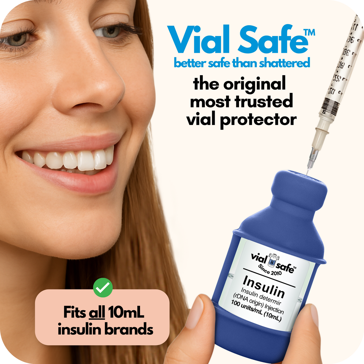 Navy blue color style Vial Safe insulin vial protector with a woman holding it, labeled 'better safe than shattered'. The original most trusted vial protector.