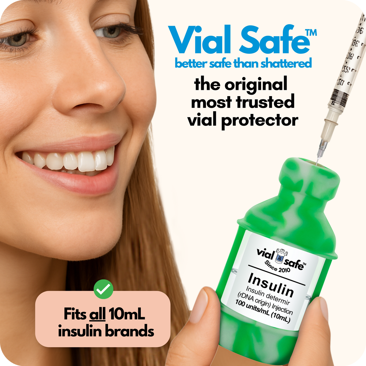 Tie Dye Green color style Vial Safe insulin vial protector with a woman holding it, labeled 'better safe than shattered'. The original most trusted vial protector.