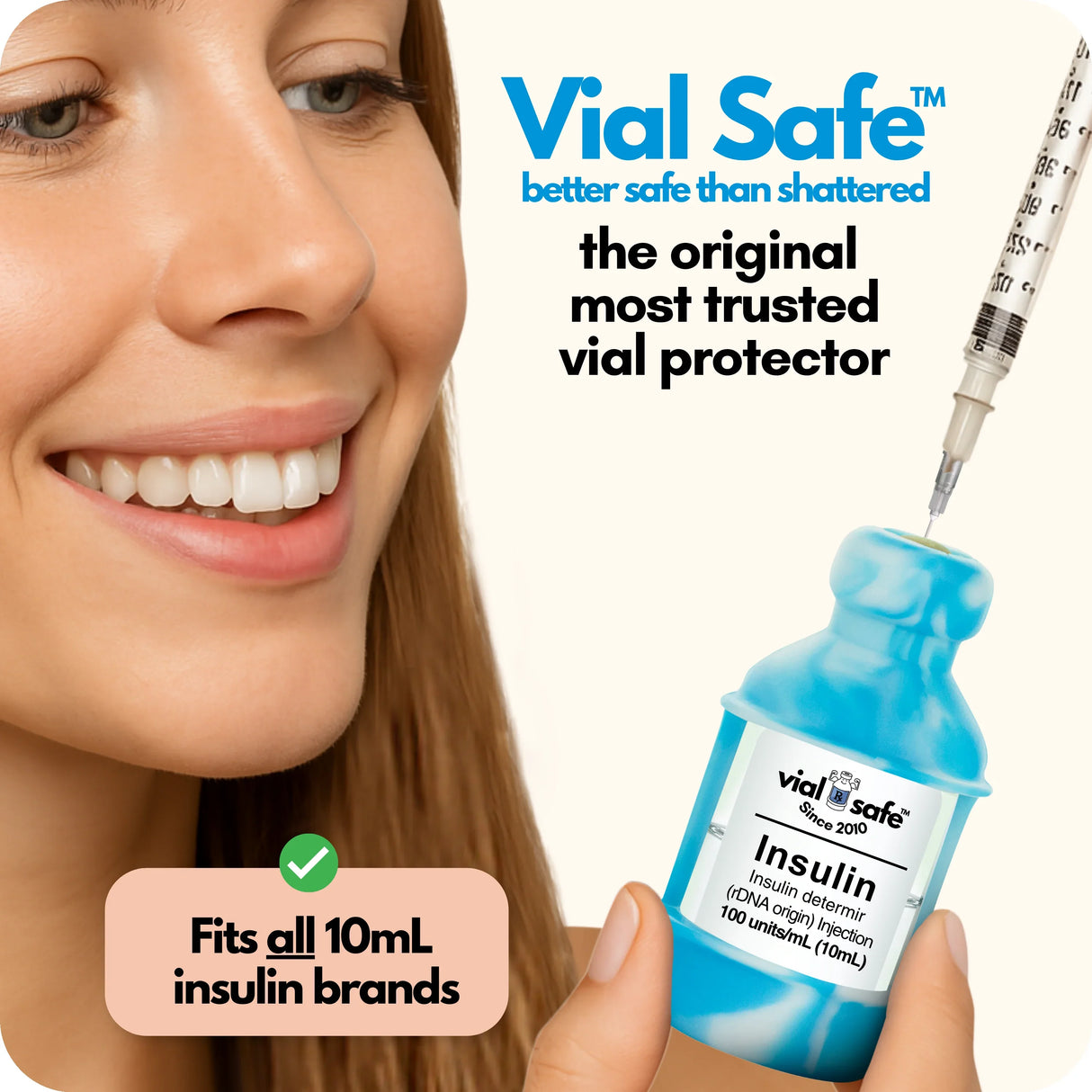 Tie Dye Blue Vial Safe insulin vial protector with a woman holding it, labeled 'better safe than shattered'. The original most trusted vial protector.