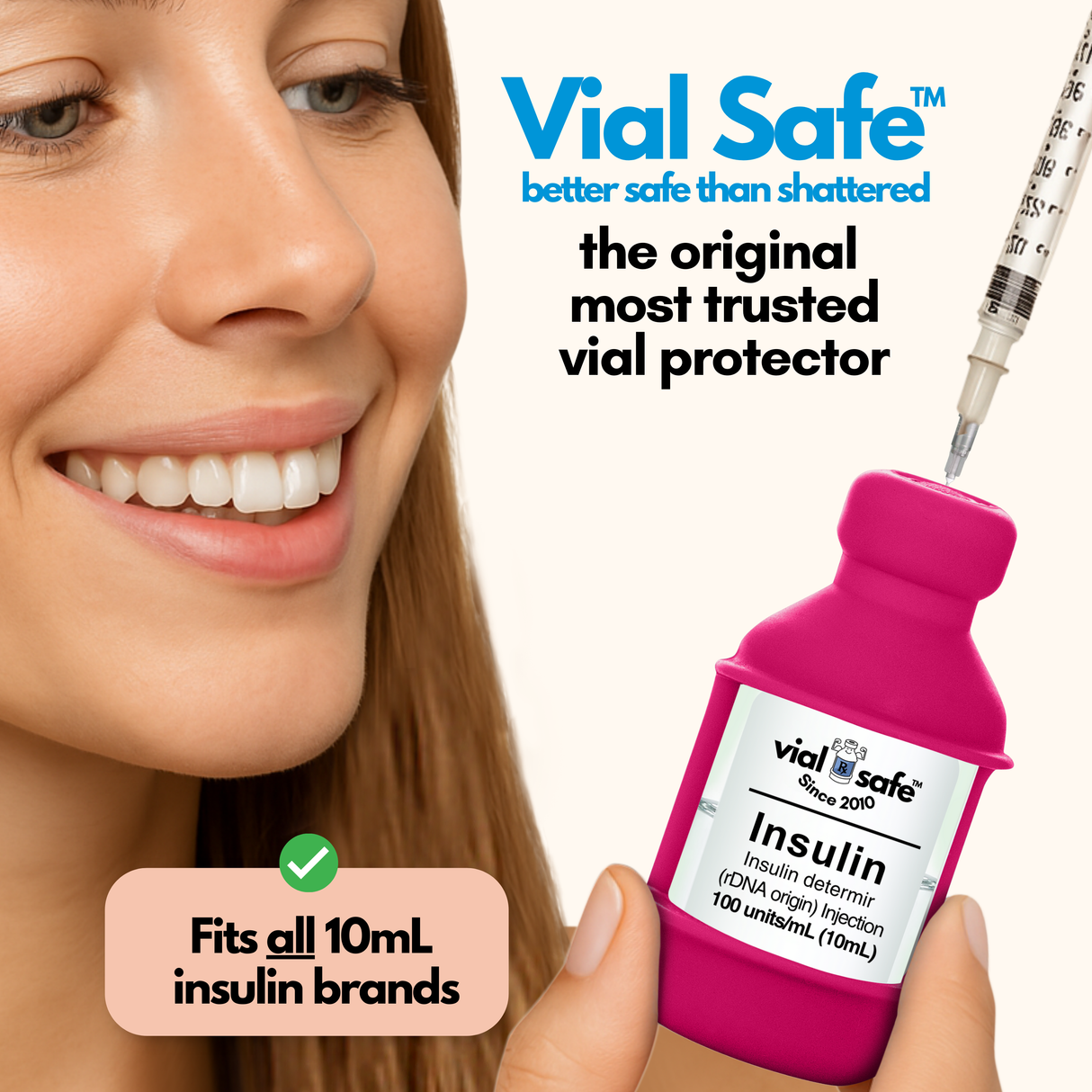 Raspberry Sorbet color style Vial Safe insulin vial protector with a woman holding it, labeled 'better safe than shattered'. The original most trusted vial protector.