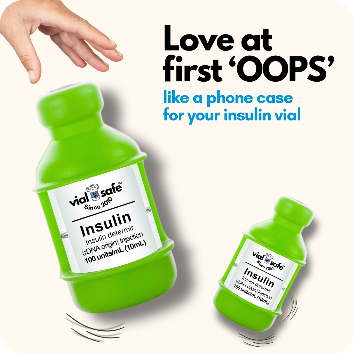 Light Green Vial Safe insulin vial protector case with text "like a phone case for your insulin vial" on a white background.