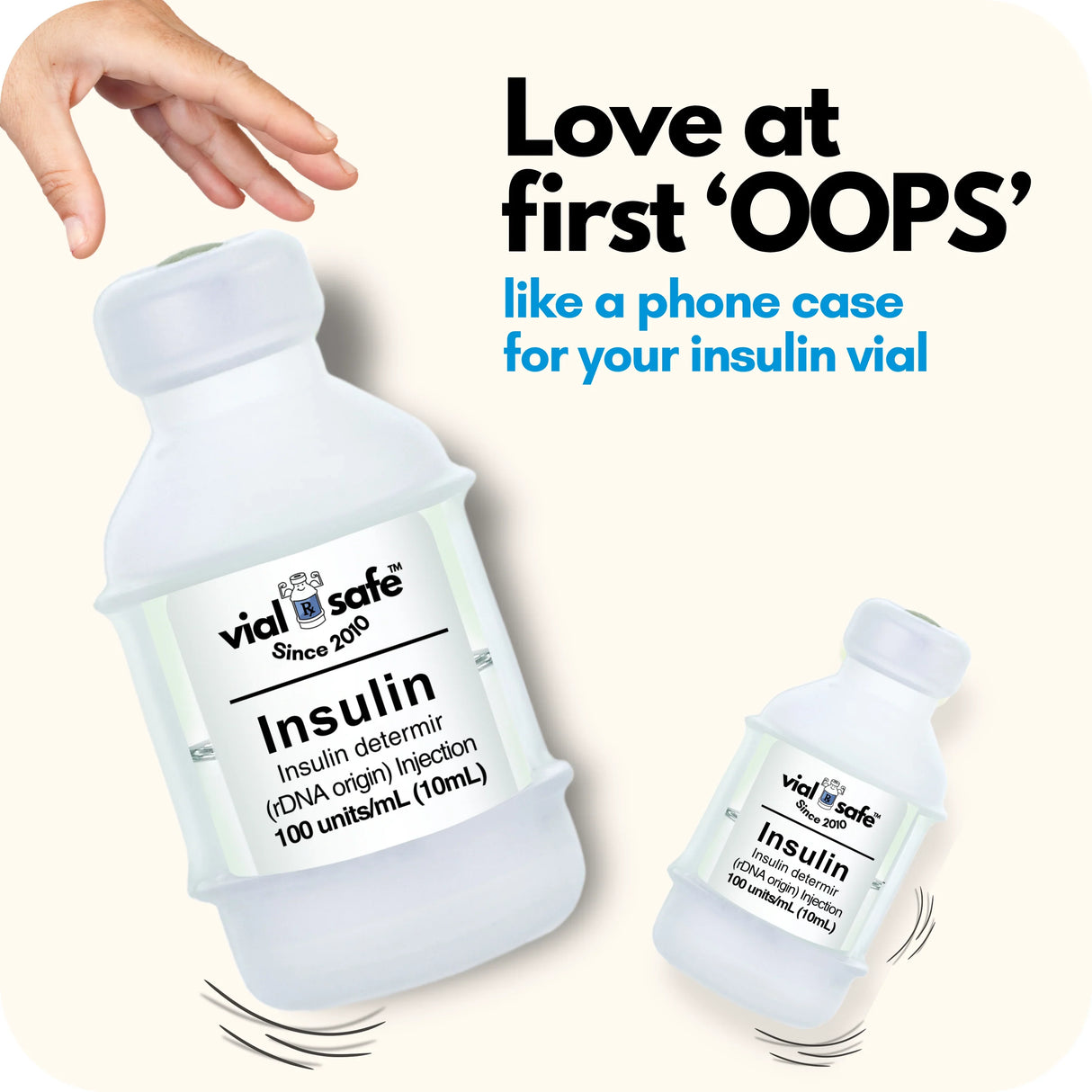 Original Clear color Vial Safe insulin vial protector case with text 'Love at first 'OOPS' like a phone case for your insulin vial' on a white background.