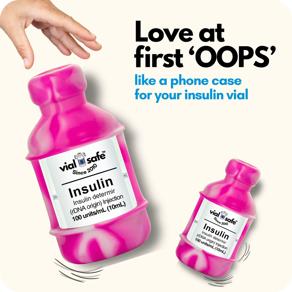 Tie Dye Pink Vial Safe insulin vial protector case with text 'Love at first 'OOPS' like a phone case for your insulin vial' on a white background.
