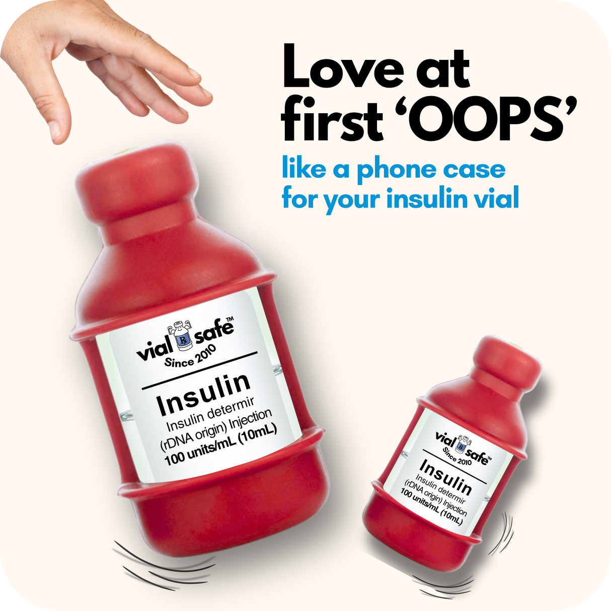 Red color Vial Safe insulin vial protector case with text "like a phone case for your insulin vial" on a white background.