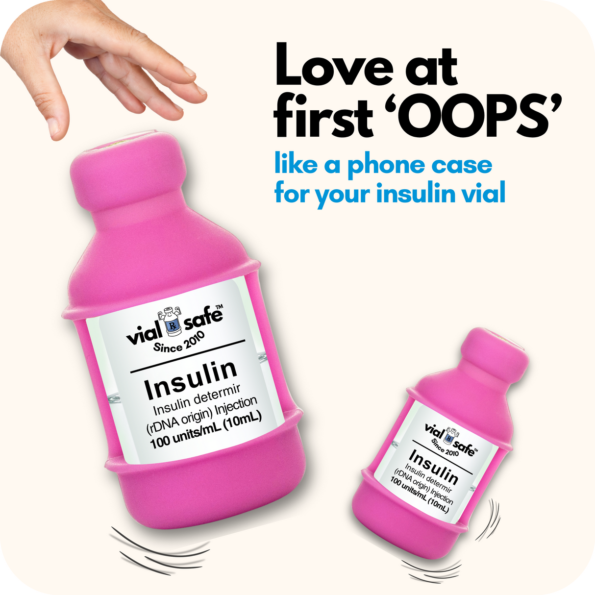 Pink Vial Safe insulin vial protector case with text "like a phone case for your insulin vial" on a white background.
