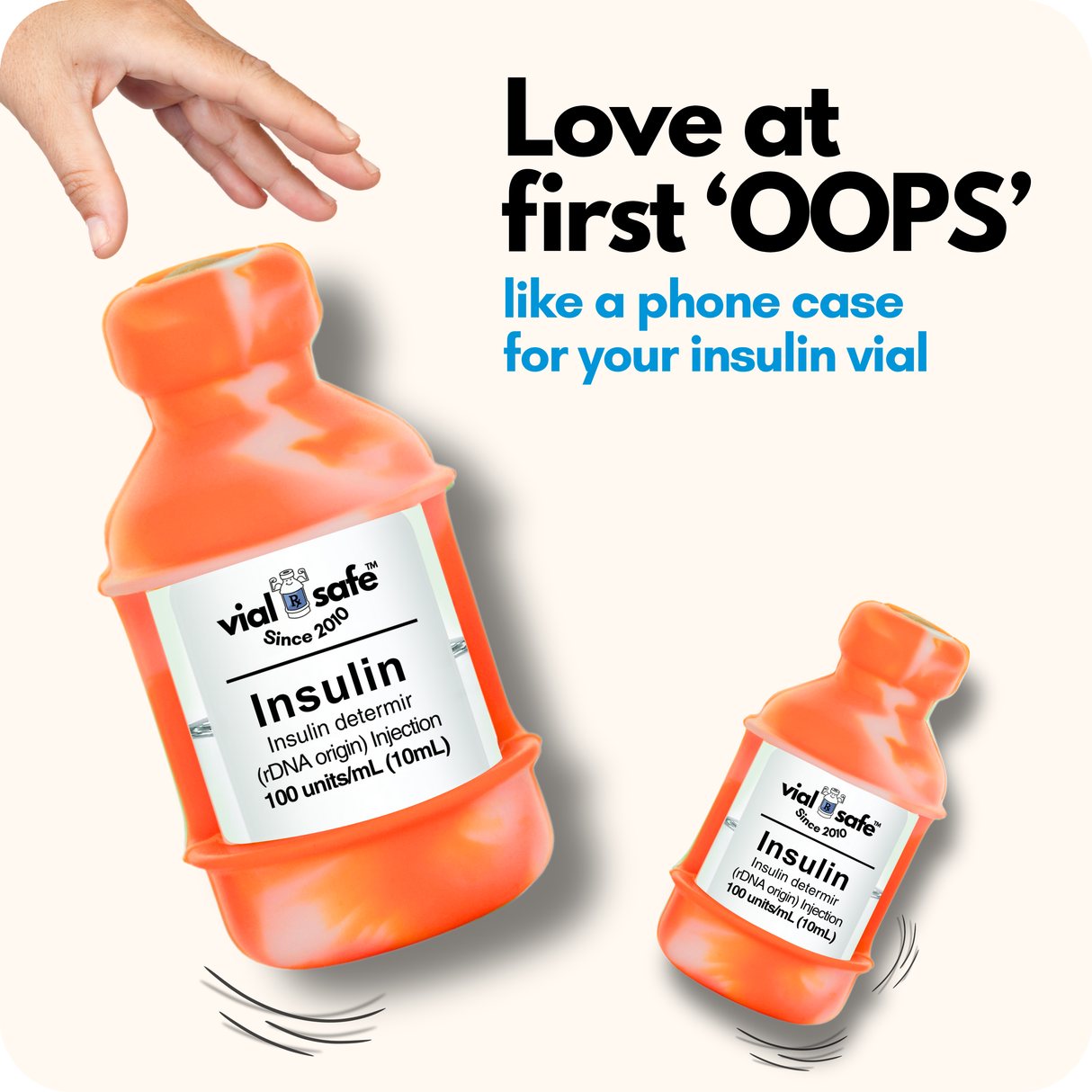 Tie Dye Orange color Vial Safe insulin vial protector case with text "like a phone case for your insulin vial" on a white background.