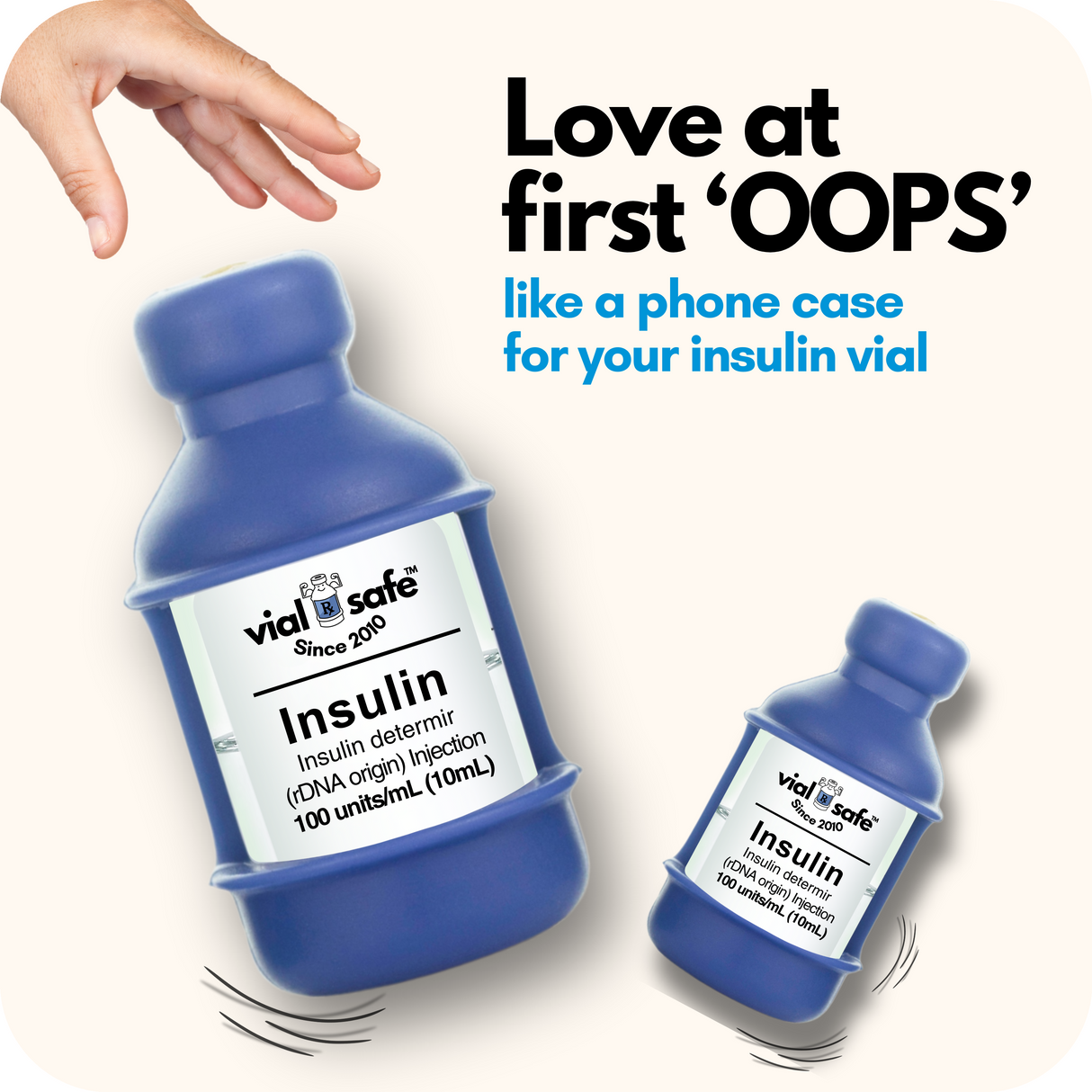 Navy blue color Vial Safe insulin vial protector case with text "like a phone case for your insulin vial" on a white background.