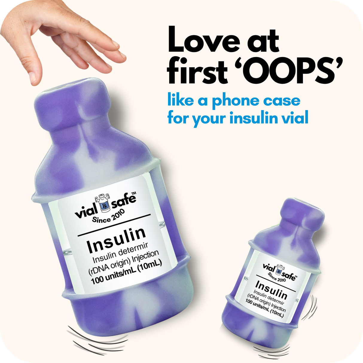 Tie Dye Purple color Vial Safe insulin vial protector case with text "like a phone case for your insulin vial" on a white background.