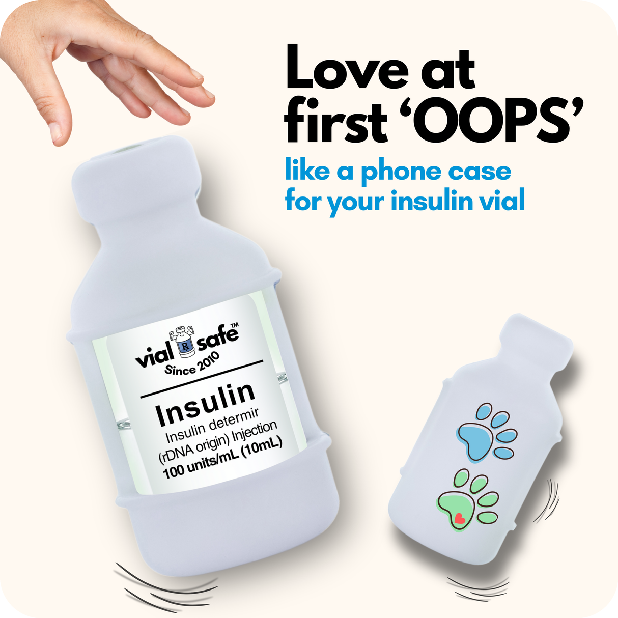 Paw Print style Vial Safe insulin vial protector case with text "like a phone case for your insulin vial" on a white background.