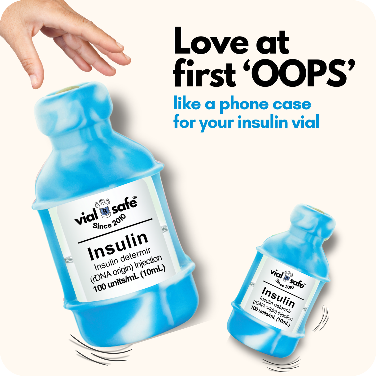 Tie dye blue Vial Safe insulin vial protector case with text "like a phone case for your insulin vial" on a white background.