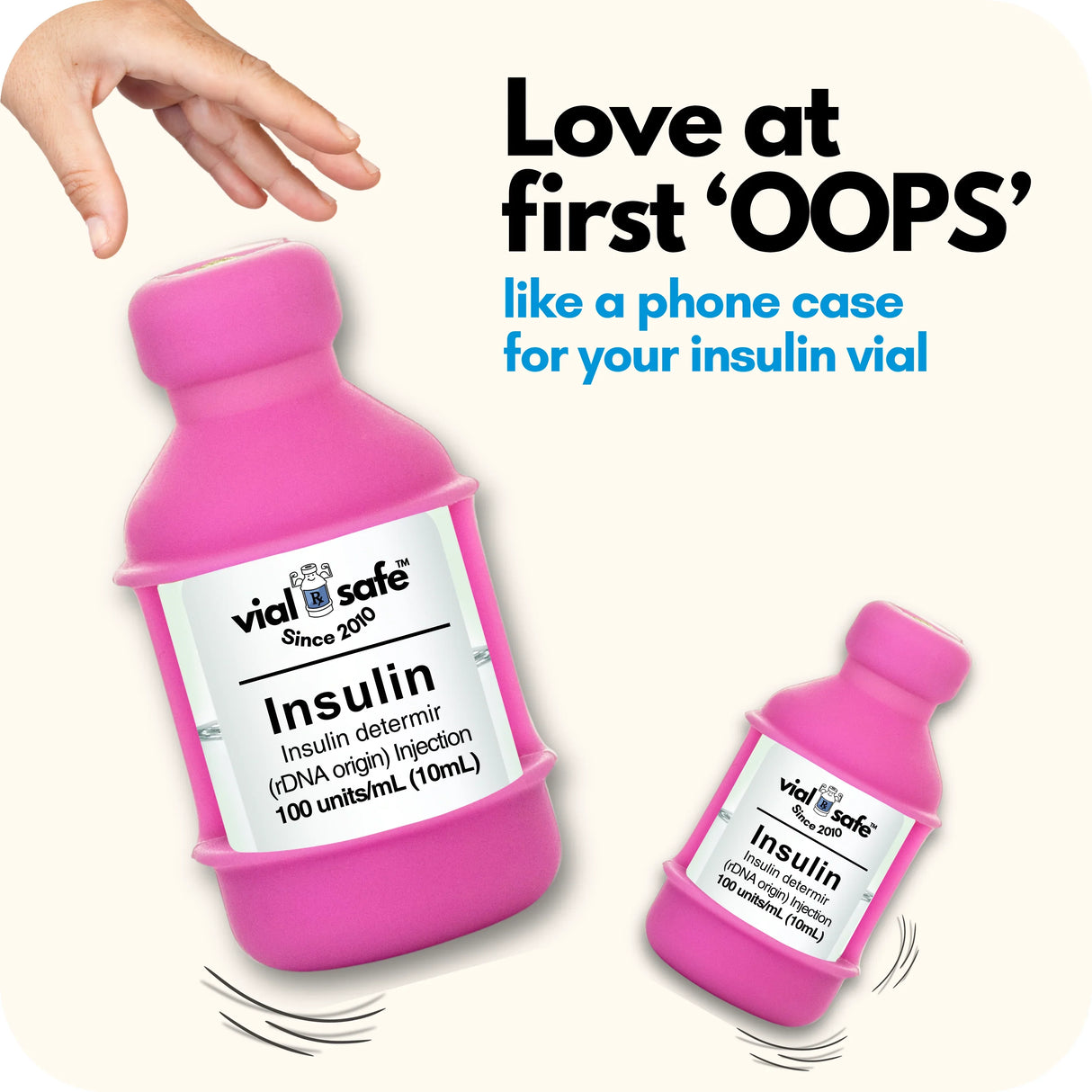 Pink color Vial Safe insulin vial protector case with text "like a phone case for your insulin vial" on a white background.