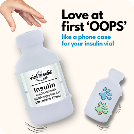 Paw print Vial Safe insulin vial protector case with text 'Love at first 'OOPS' like a phone case for your insulin vial' on a white background.