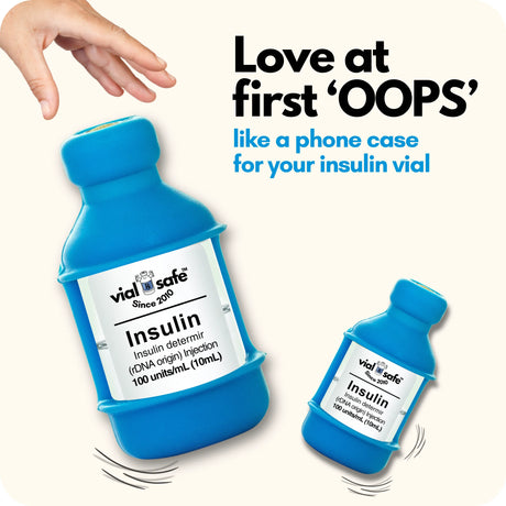 Light  Blue Vial Safe insulin vial protector case with text 'Love at first 'OOPS' like a phone case for your insulin vial' on a white background.