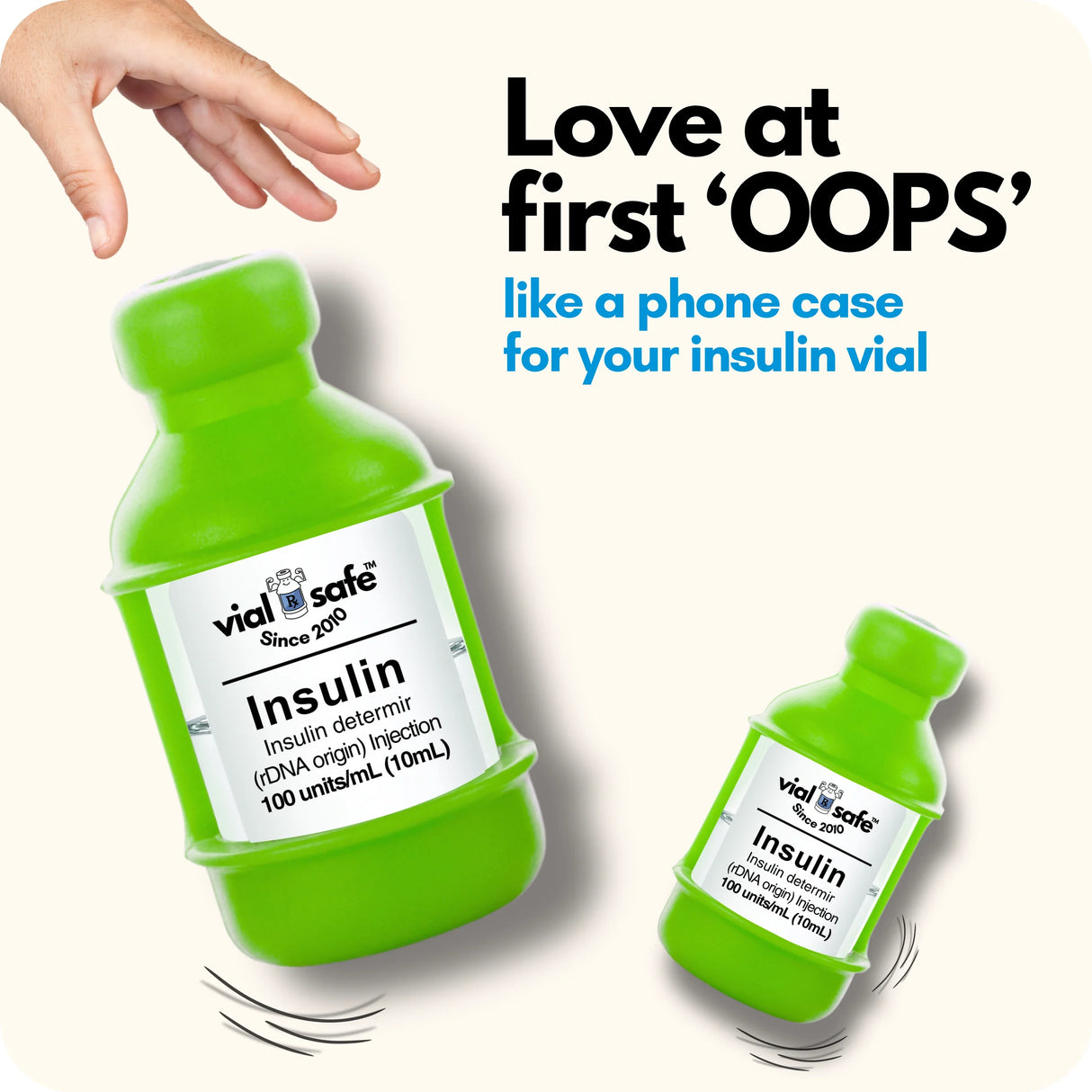 Light green color Vial Safe insulin vial protector case with text "like a phone case for your insulin vial" on a white background.