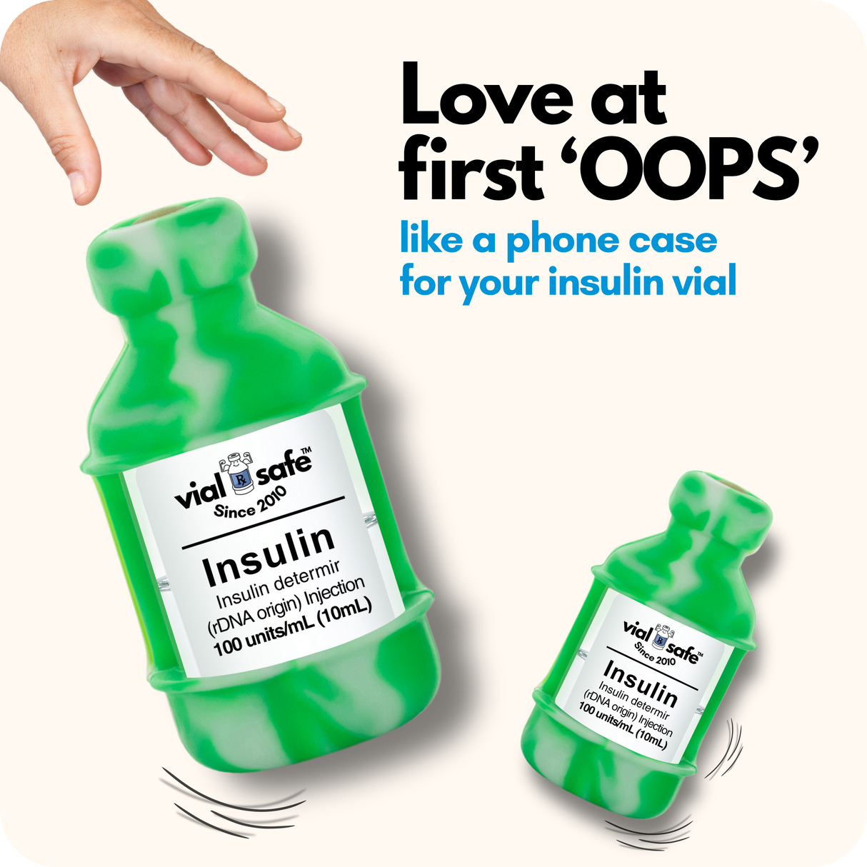 Tie Dye Green color Vial Safe insulin vial protector case with text "like a phone case for your insulin vial" on a white background.