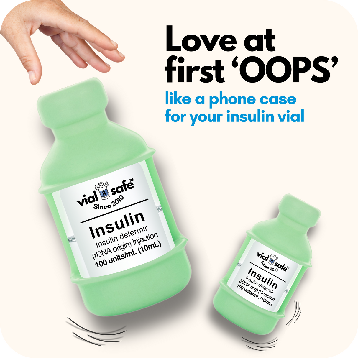 Mojito Green color Vial Safe insulin vial protector case with text "like a phone case for your insulin vial" on a white background.