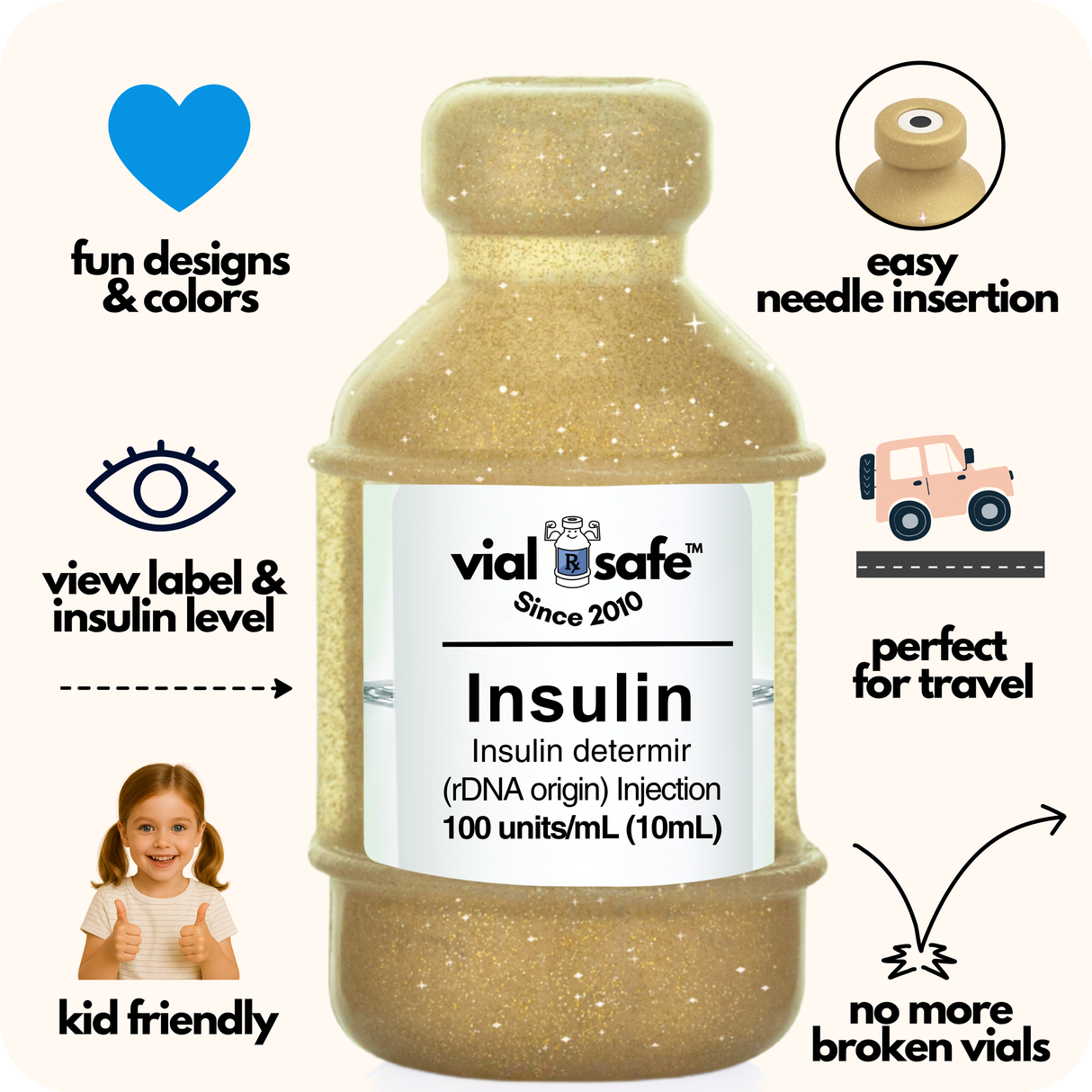 Gold glitter Vial Safe insulin vial protector with 'vial safe' label and Vial Safe selling features on white background.