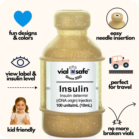 Gold glitter Vial Safe insulin vial protector with 'vial safe' label and Vial Safe selling features on white background.