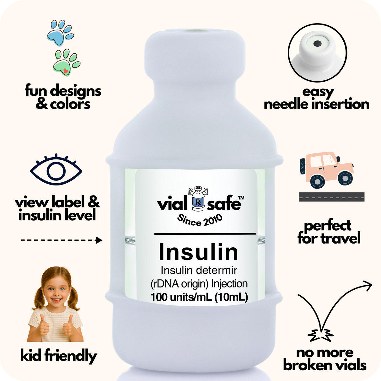 Paw print style color Vial Safe insulin vial protector with 'vial safe' label and Vial Safe selling features on white background.