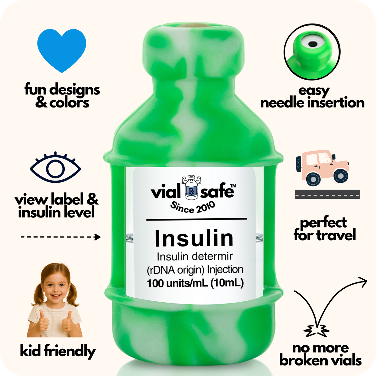 Tie Dye Green color Vial Safe insulin vial protector with 'vial safe' label and Vial Safe selling features on white background.