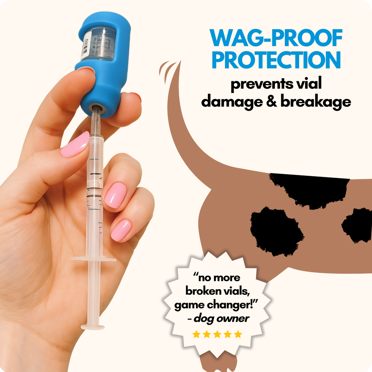 Light blue Vial Safe for Pets. Hand holding an insulin vial protector case with a green cap, next to a cartoon dog tail, on a white background.