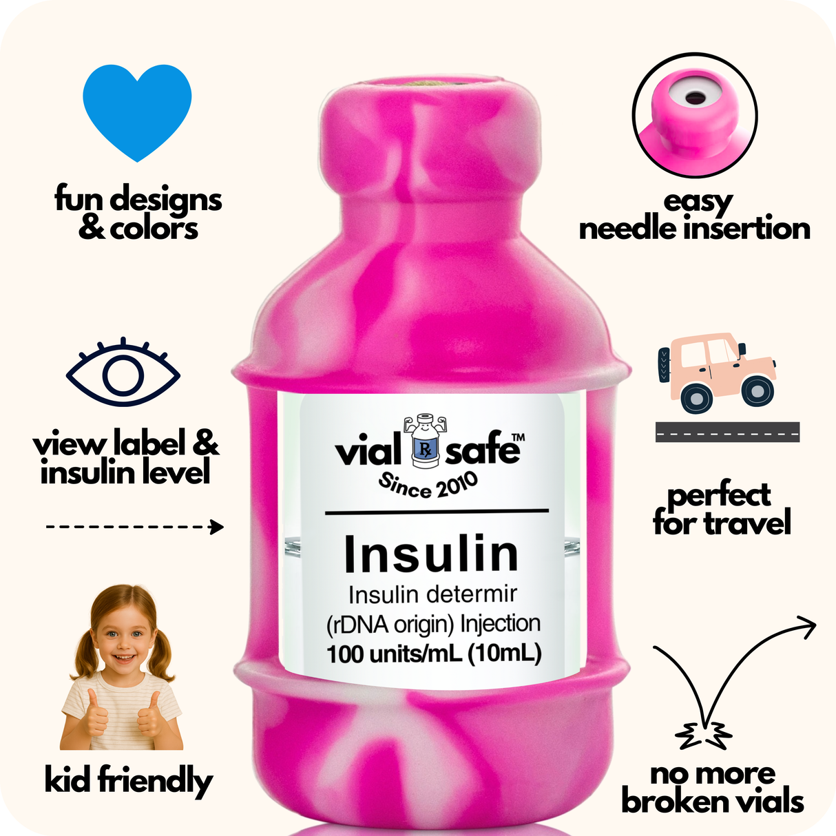Tie Dye pink style color Vial Safe insulin vial protector with 'vial safe' label and Vial Safe selling features on white background.