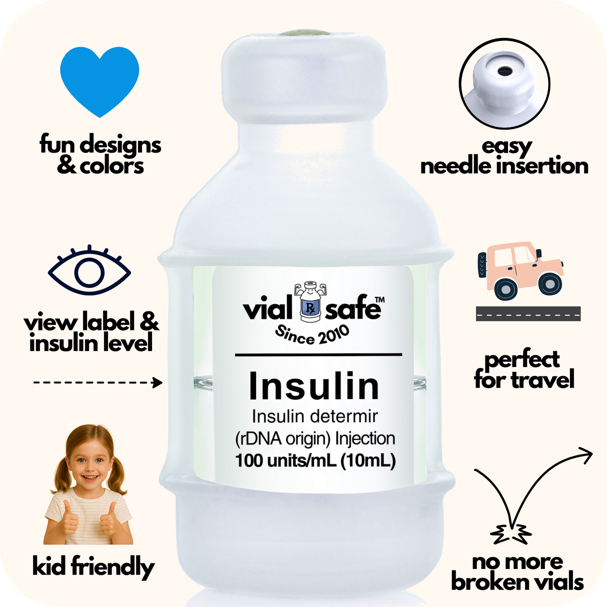 Original clear color Vial Safe insulin vial protector with 'vial safe' label and Vial Safe selling features on white background.