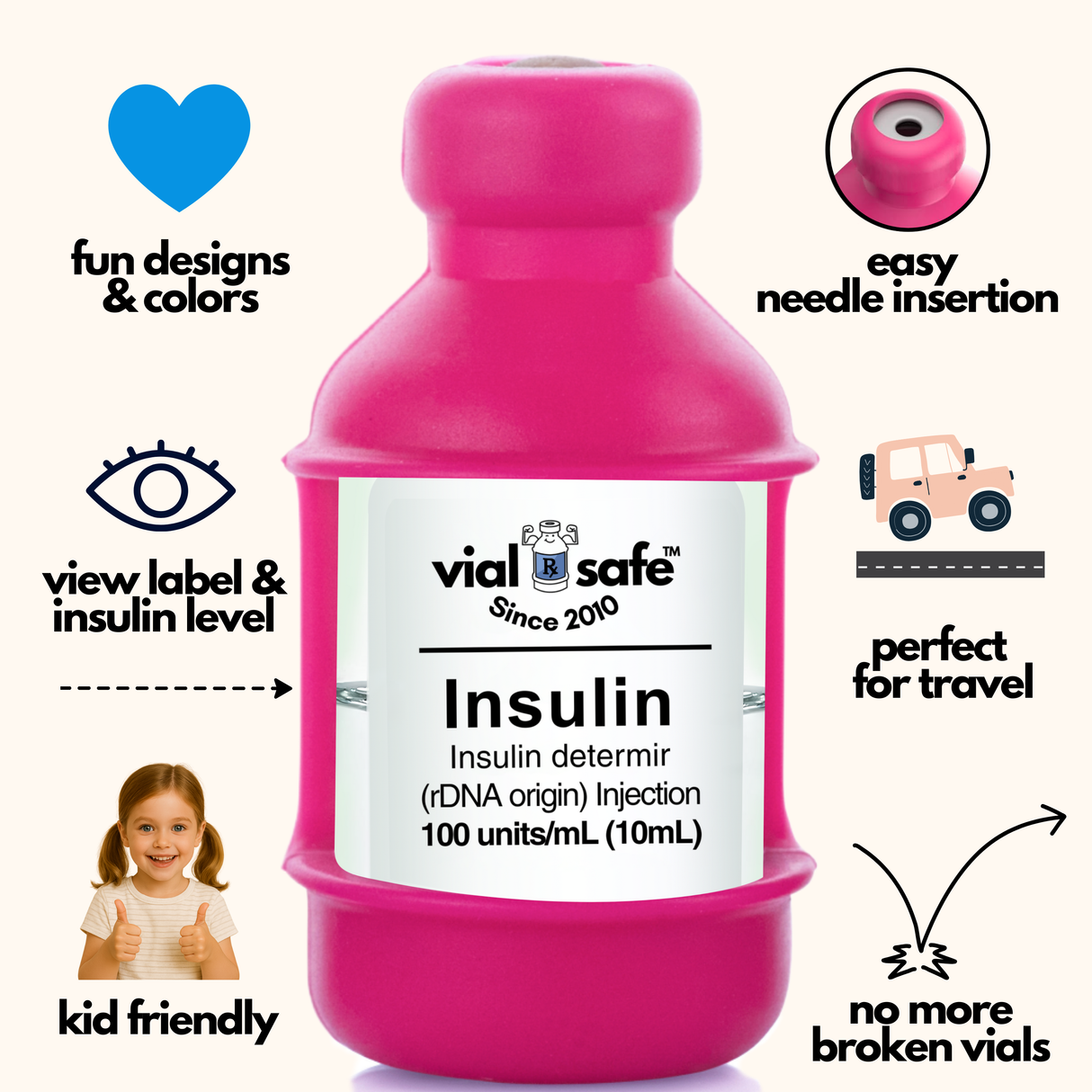 Raspberry Sorbet color Vial Safe insulin vial protector with 'vial safe' label and Vial Safe selling features on white background.