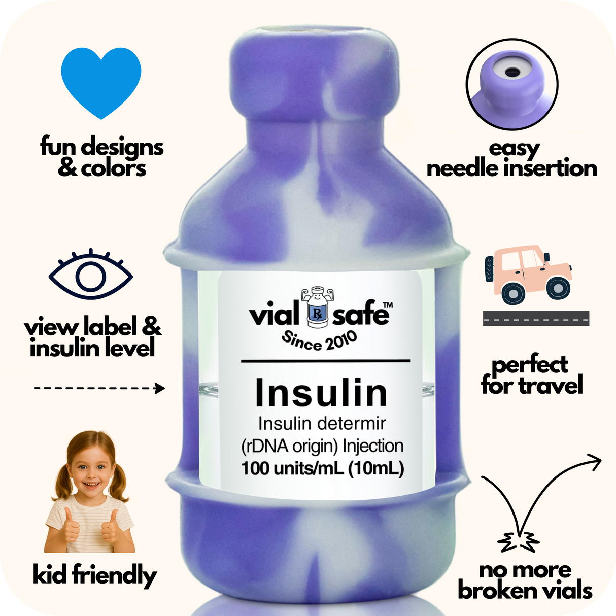 Tie Dye Purple color Vial Safe insulin vial protector with 'vial safe' label and Vial Safe selling features on white background.