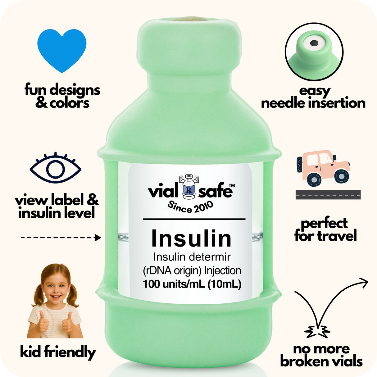 Mojito Green Vial Safe insulin vial protector with 'vial safe' label and Vial Safe selling features on white background.