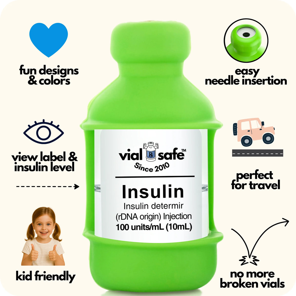 Light Green color Vial Safe insulin vial protector with 'vial safe' label and Vial Safe selling features on white background.