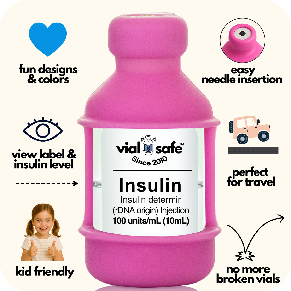 Pink color Vial Safe insulin vial protector with 'vial safe' label and Vial Safe selling features on white background.