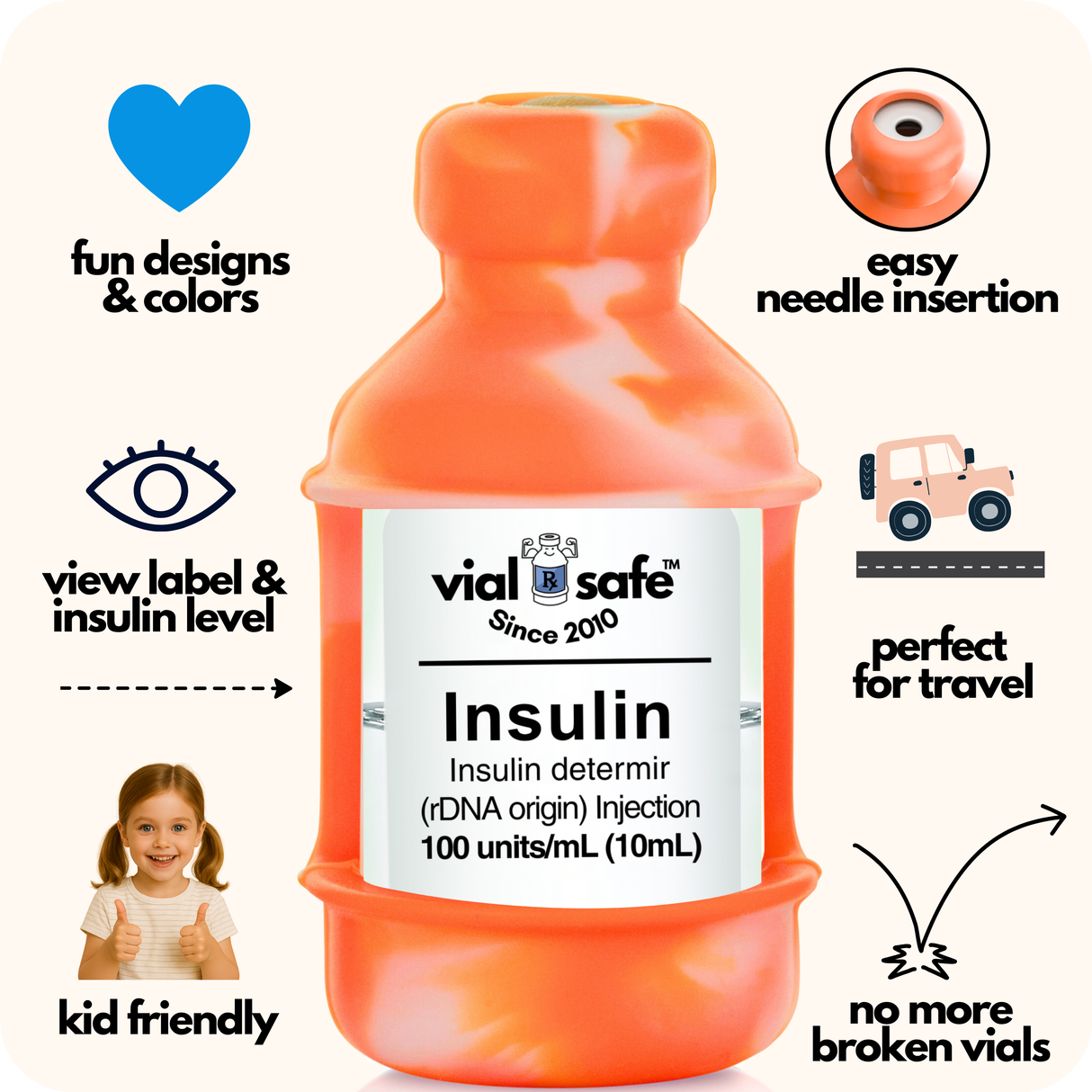 Tie Dye Orange color Vial Safe insulin vial protector with 'vial safe' label and Vial Safe selling features on white background.