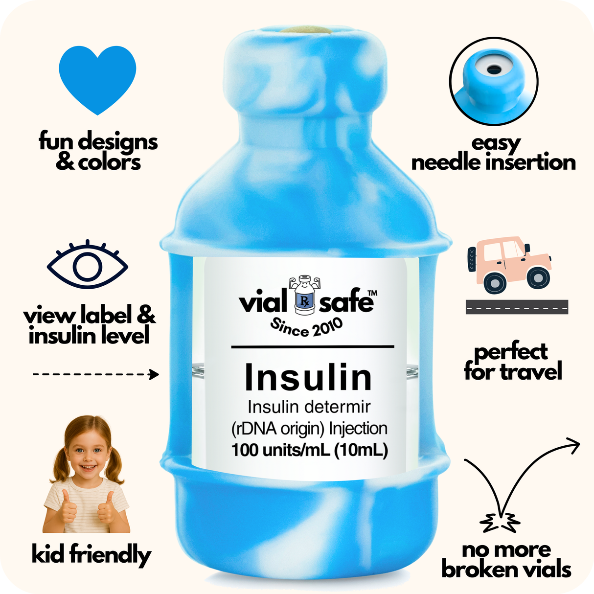 Tie Dye Blue color Vial Safe insulin vial protector with 'vial safe' label and Vial Safe selling features on white background.