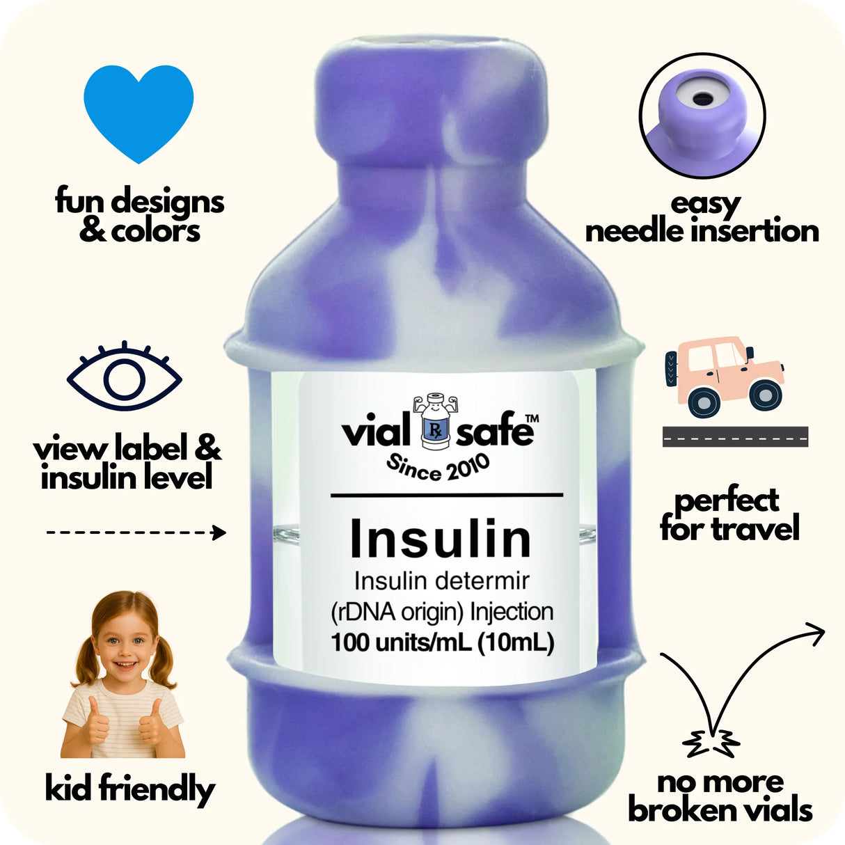 Tie Dye Purple Vial Safe insulin vial protector with 'vial safe' label and Vial Safe selling features on white background.