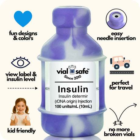 Tie Dye Purple Vial Safe insulin vial protector with 'vial safe' label and Vial Safe selling features on white background.