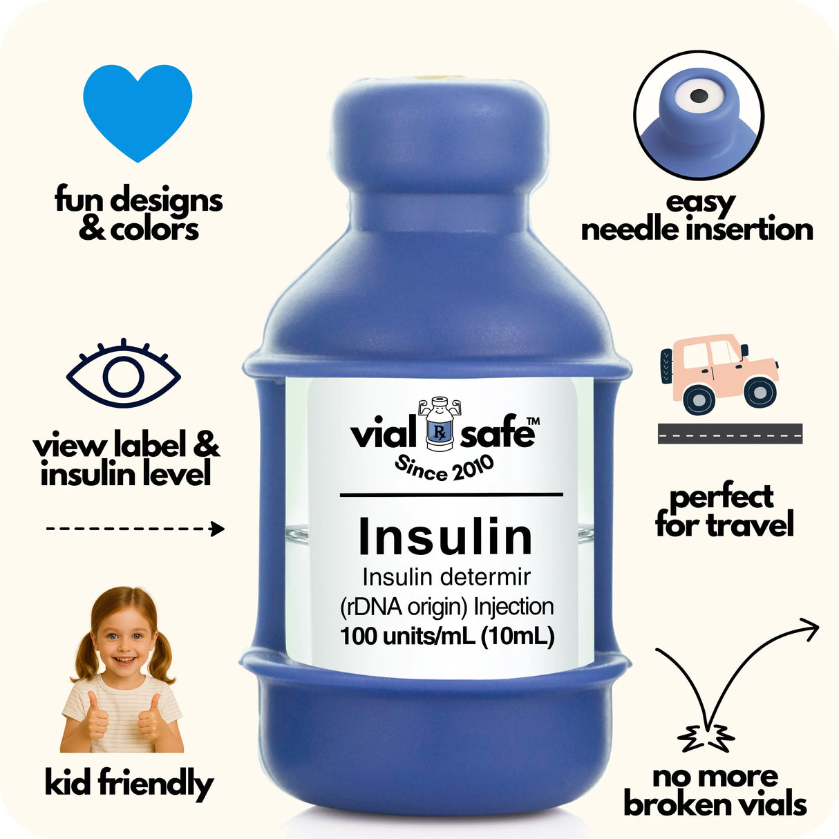 Navy blue Vial Safe insulin vial protector with 'vial safe' label and Vial Safe selling features on white background.
