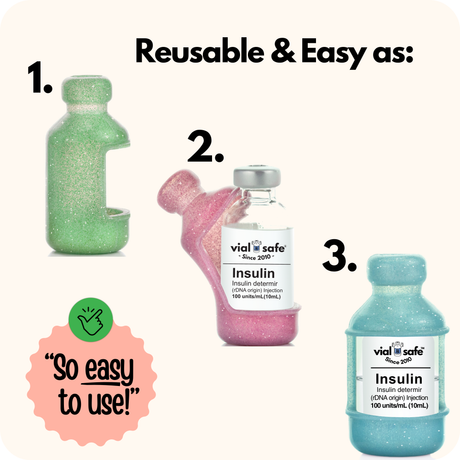 Three insulin vials with Vial Safe insulin vial protectors background, featuring the text 'Reusable & Easy as 1,2,3' and 'vial safe' branding.