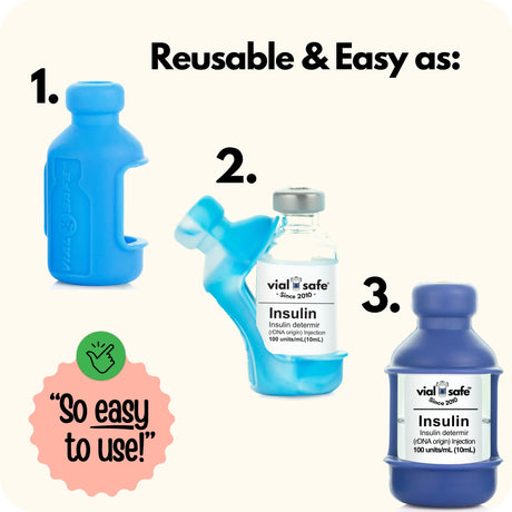 Three blue insulin vials with Vial Safe insulin vial protectors background, featuring the text 'Reusable & Easy as 1,2,3' and 'vial safe' branding.